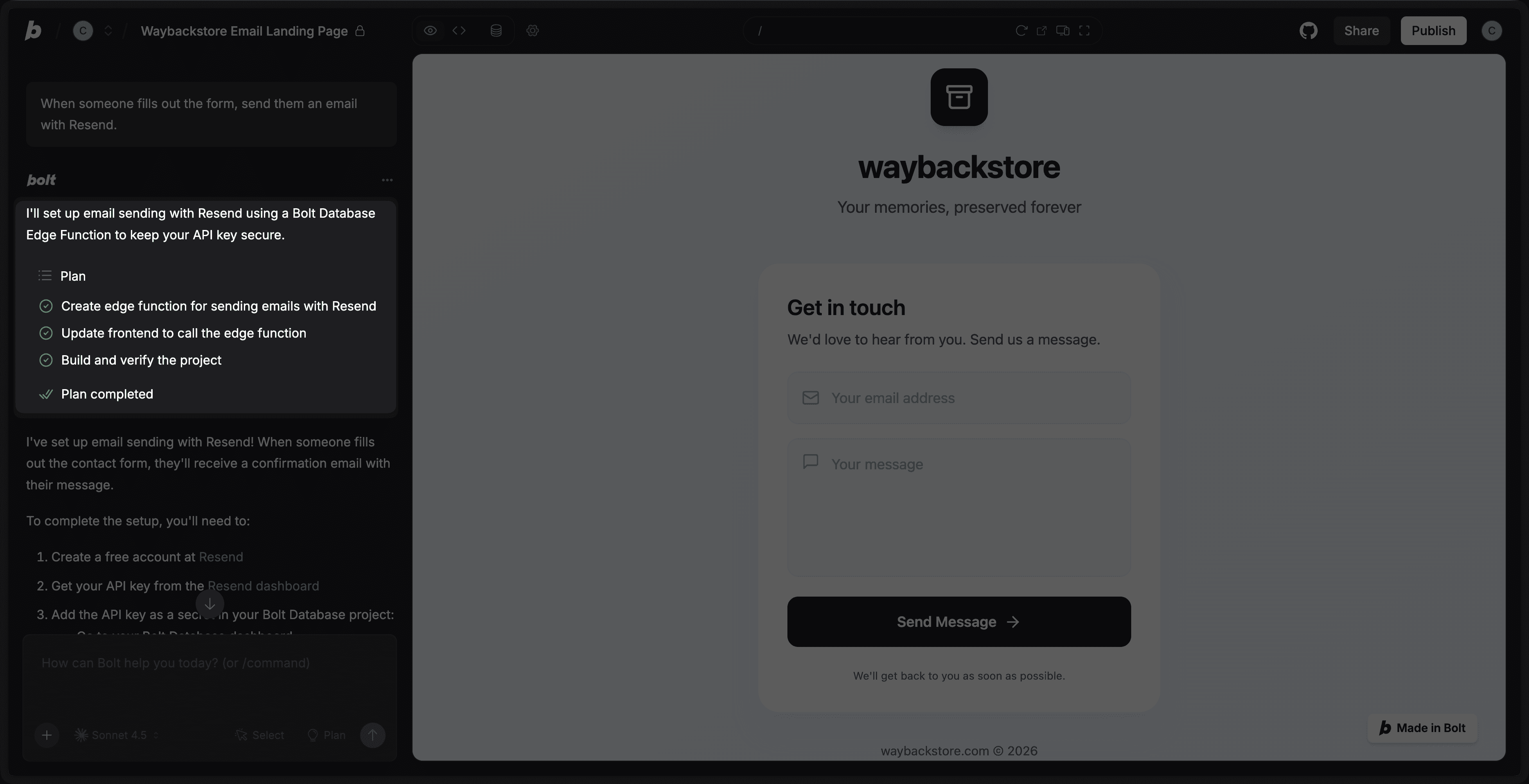 Bolt sending an email using Resend